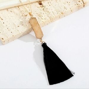 Black Tassel Necklace Beige Stone Pendant Gold Tone Chain